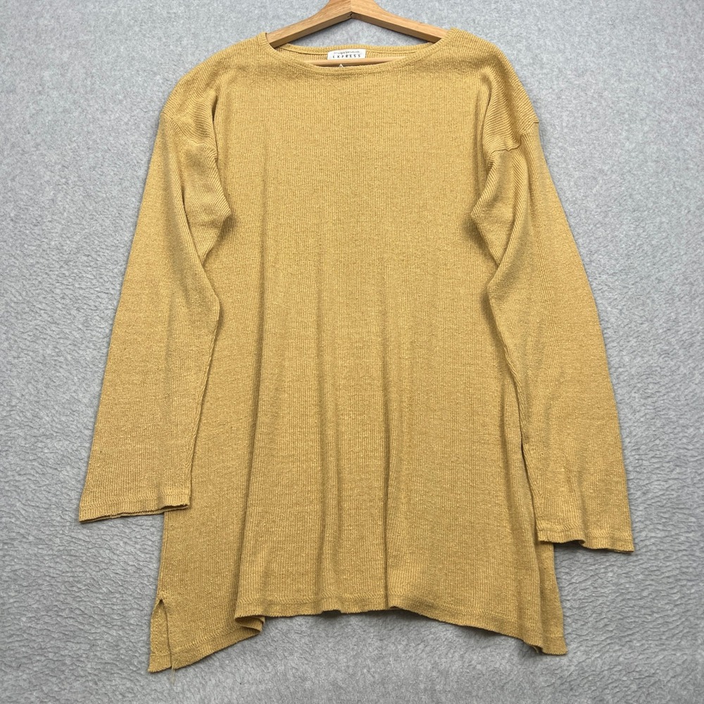 VTG Express Sweater Women Large Yellow 100% Pure Silk Ribbed Knit Slit Tunic 90s